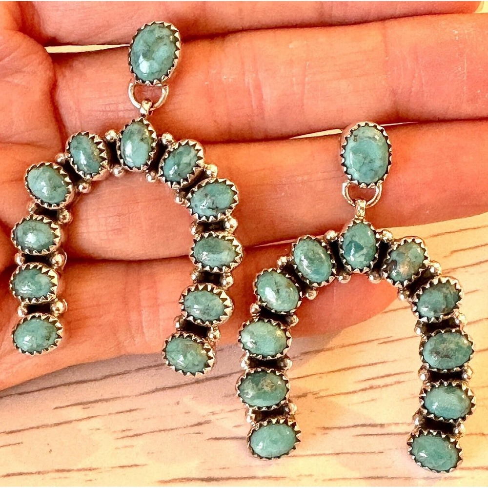 Naja Turquoise Earrings 2in Squash Blossom Horseshoe Hada Handmade Sterling Big